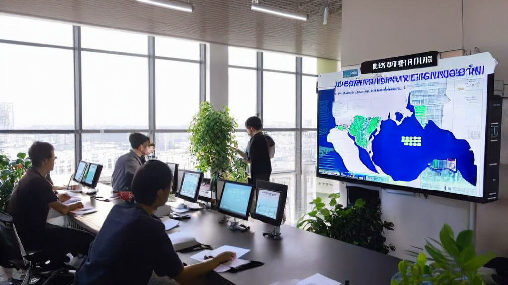 Employees in a modern office are using export AI software and Google Maps for client acquisition, with a poster of the Meitu WHEE and ZCOOL collaboration's Mini Asset Generator on the wall.