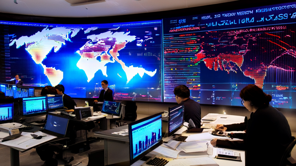 现代化办公室中，分析师使用AI工具实时分析全球金融市场数据
