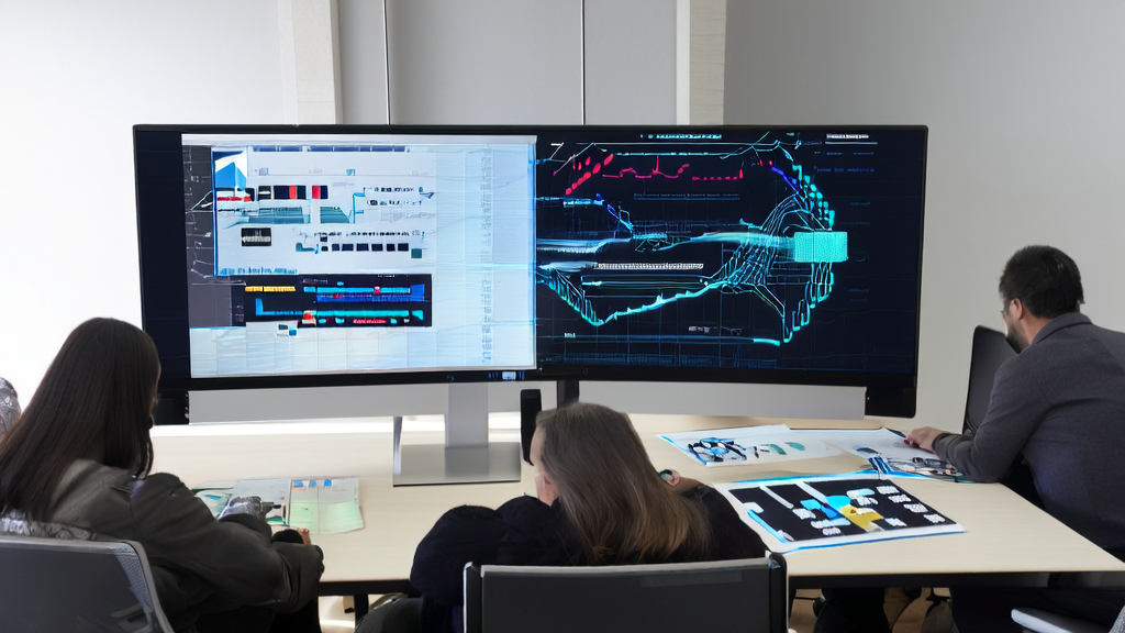 Employees in a modern office using Gemini 2.5 Pro for email marketing analysis and template design