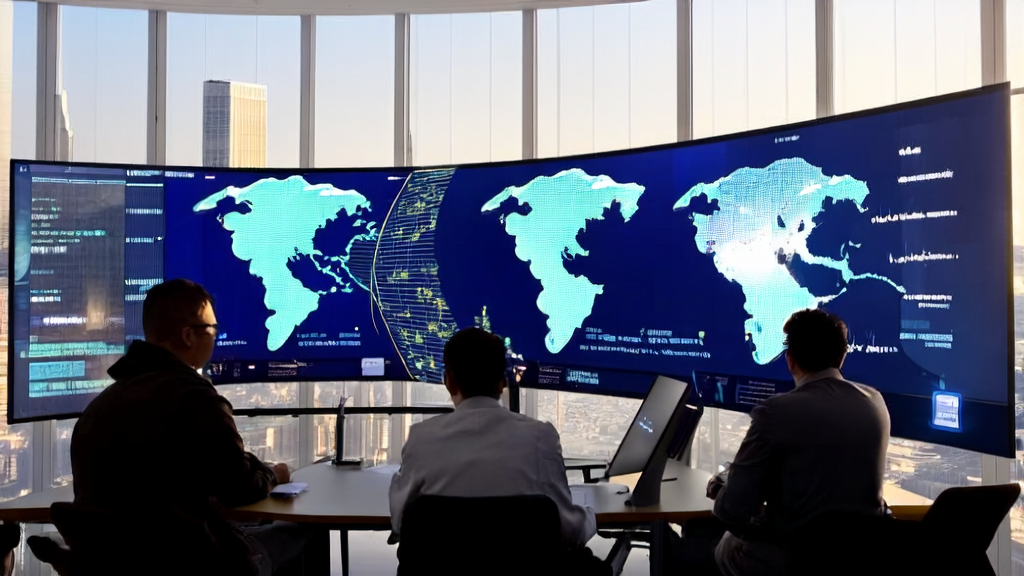 In a modern office, staff monitor global market dynamics using the latest Windows 11 computer and AI assistant, showcasing how small and medium-sized foreign trade enterprises leverage AI technology for precise customer acquisition and cost optimization.