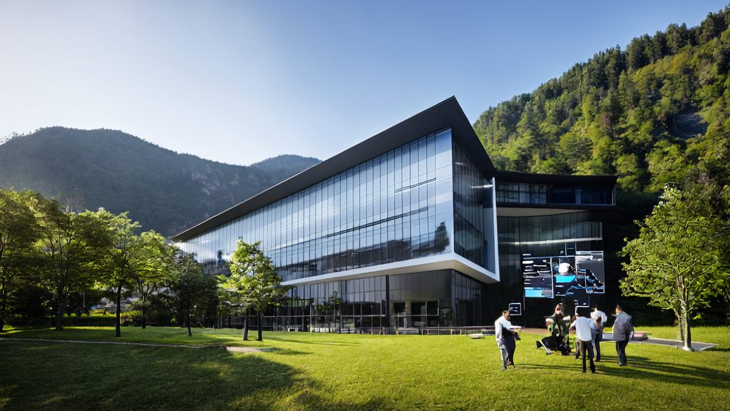 现代化办公楼中的员工利用腾讯混元视频生成工具和谷歌地图客户采集技术进行工作