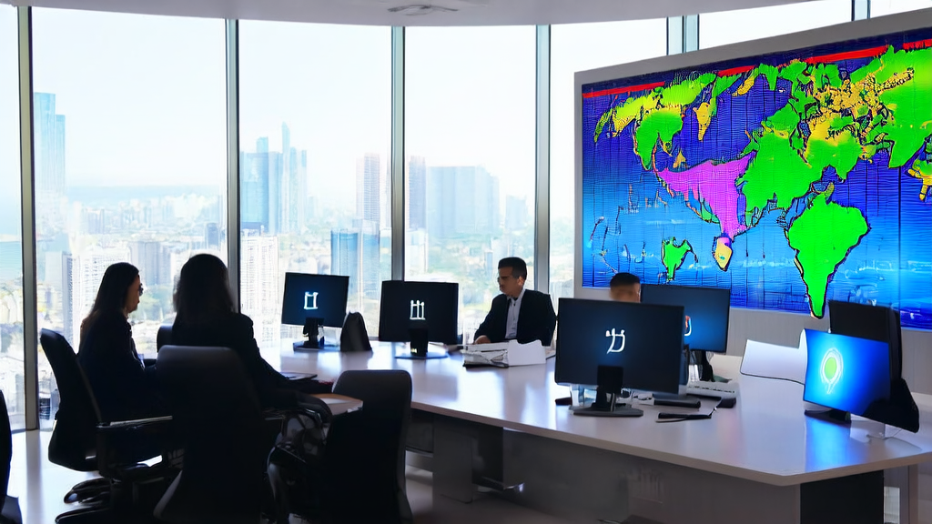 现代化办公室中忙碌的国际业务员使用AI工具润色外贸邮件，背景是全球地图和苹果电脑