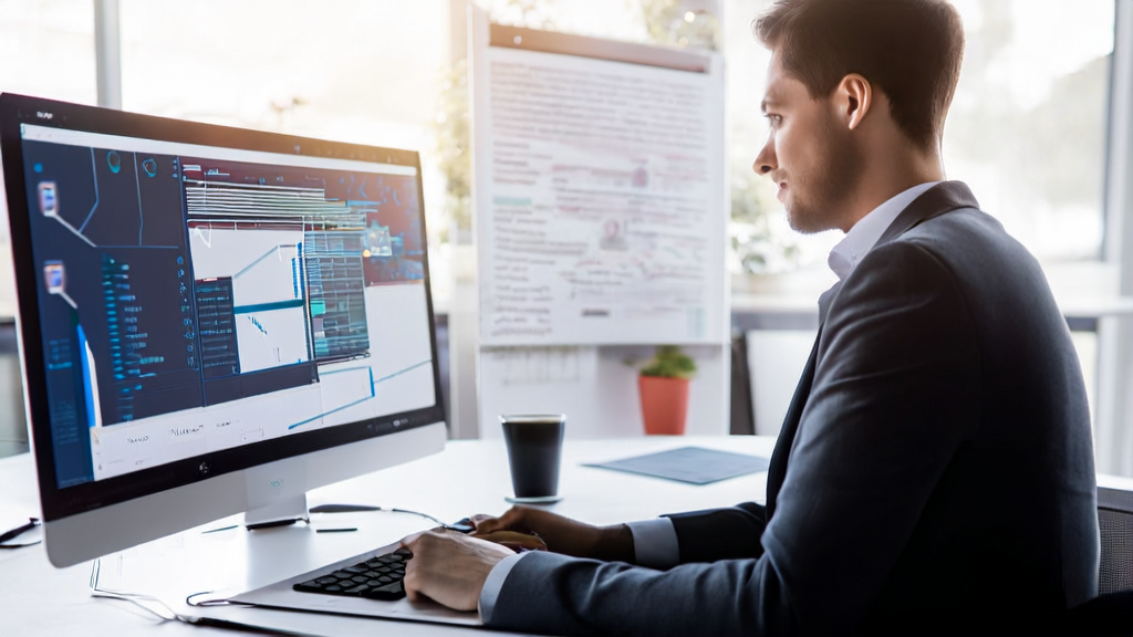 In a modern office, a marketing expert uses an AI email marketing platform to optimize email content and sending times, improving customer response rates