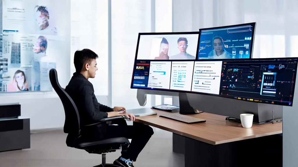 A marketing expert in a modern office using Alibaba Ovis-U1 for AI email marketing analysis