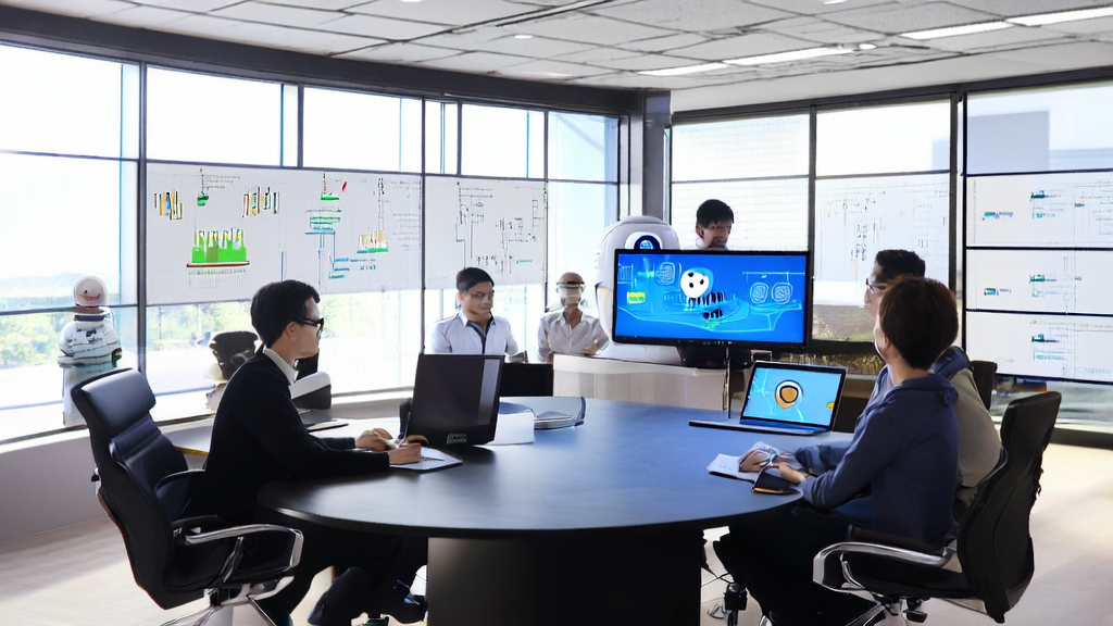 现代化办公室中，团队使用微软Copilot进行AI优化广告投放讨论，智能机器人Mico提供实时建议