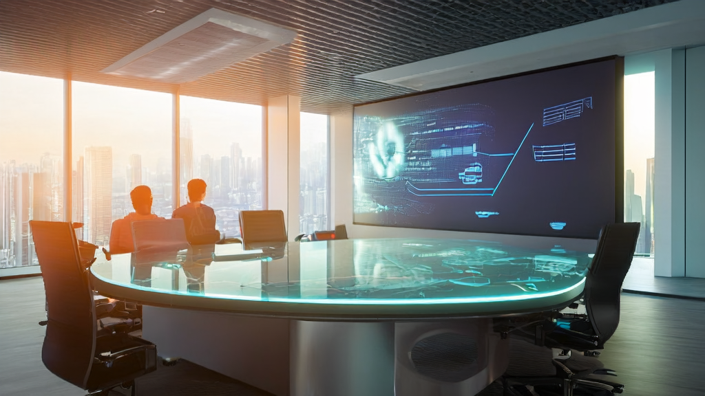 Modern office meeting showcasing Microsoft's AI assistant Athena, highlighting the enhancement of customer acquisition and marketing efficiency through AI technology