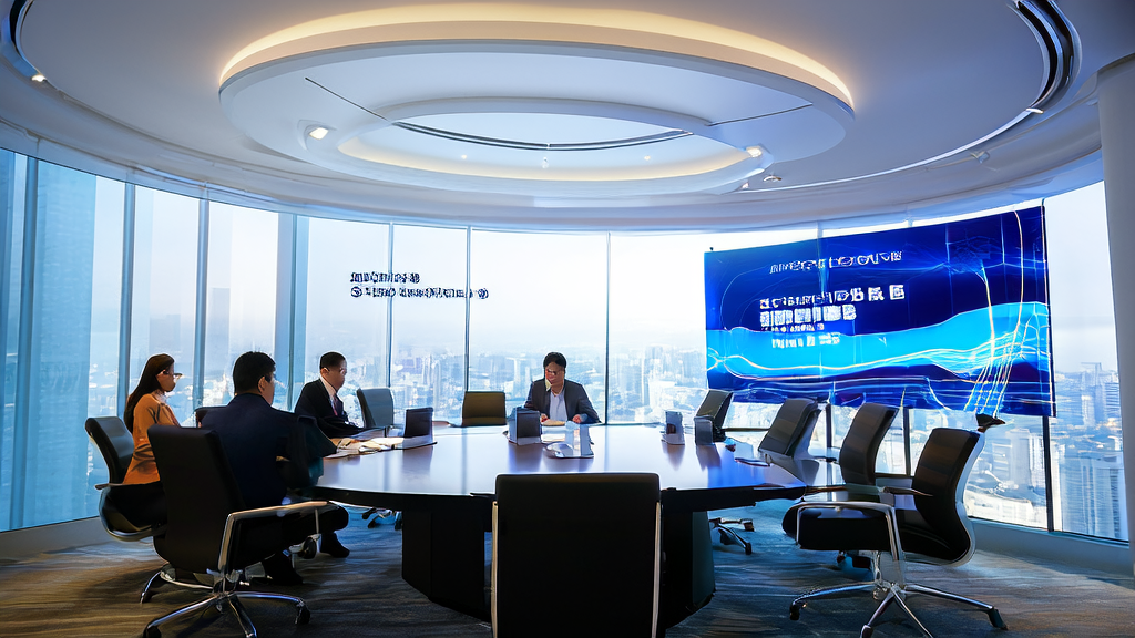A modern office meeting showcasing AI-driven client acquisition solutions and Shanghai's achievement of 82 approved large models