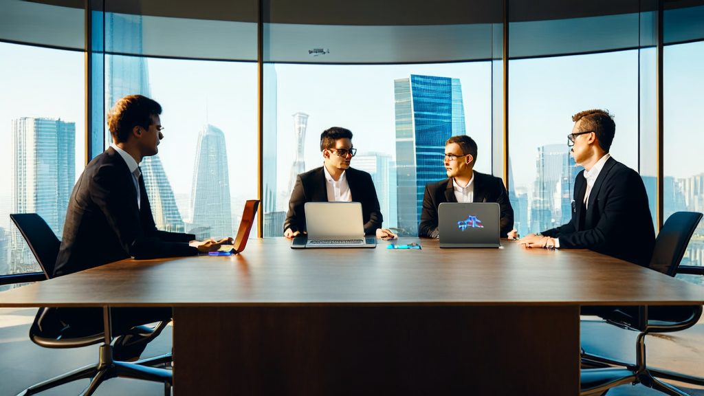 现代化办公室内商务人士使用AI产品“探饭”进行市场分析