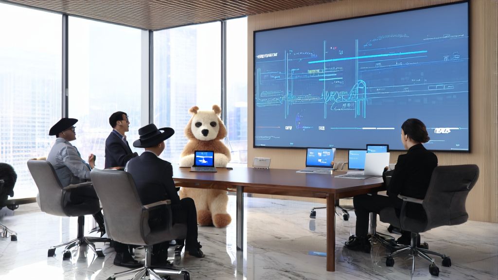现代化办公室会议场景，员工围绕笔记本电脑讨论蚂蚁百宝箱智能体，墙上有AI技术应用图表，桌上放着羊毛毡大熊猫