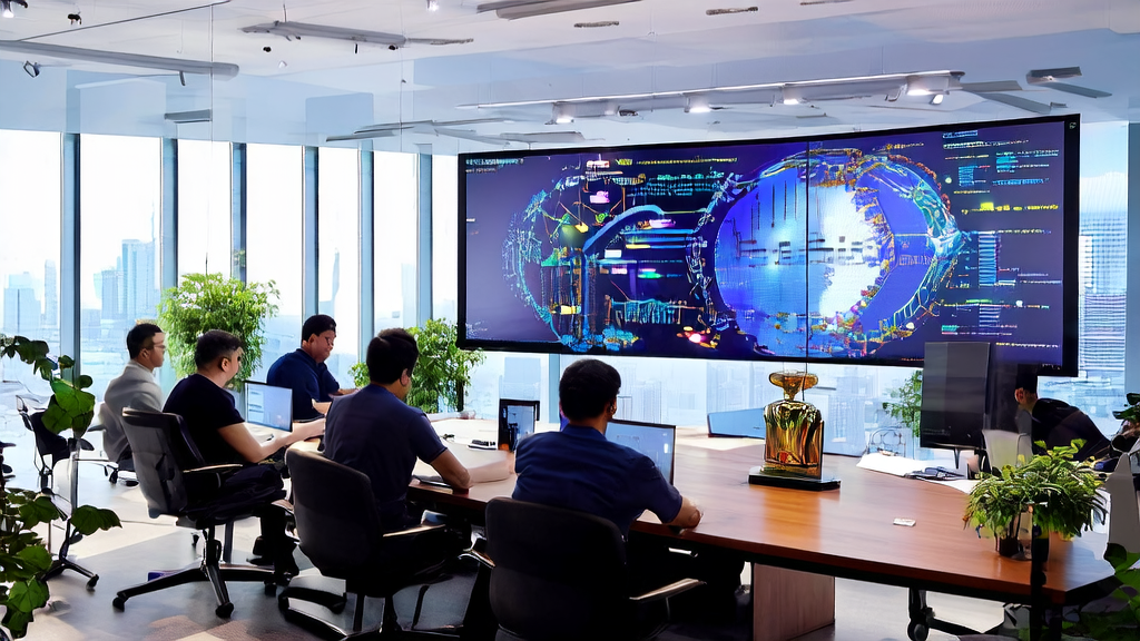 Engineers in a modern office discussing AI client data collection technology, with a city skyline and a symbolic trophy in the background.