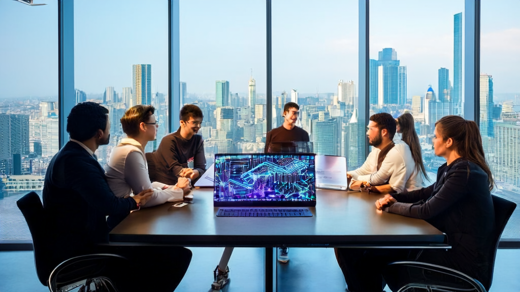 A group of entrepreneurs discussing AI-driven eCommerce sales improvement in a modern office