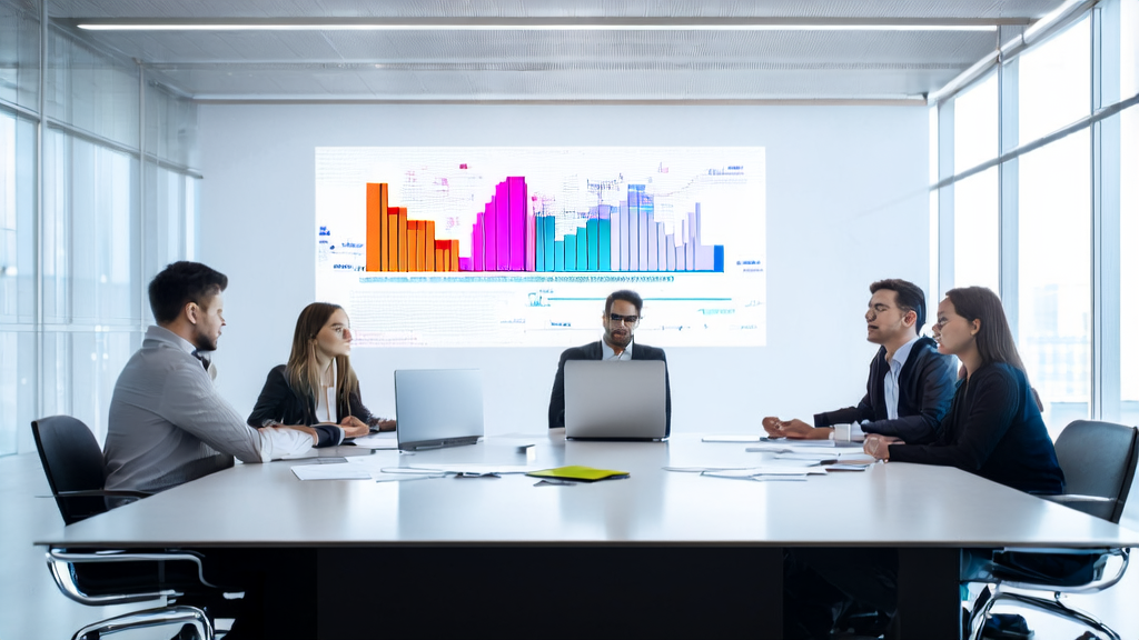 现代化办公室会议室内，创业者们正在讨论AI邮件营销的技术创新和Gartner预测。