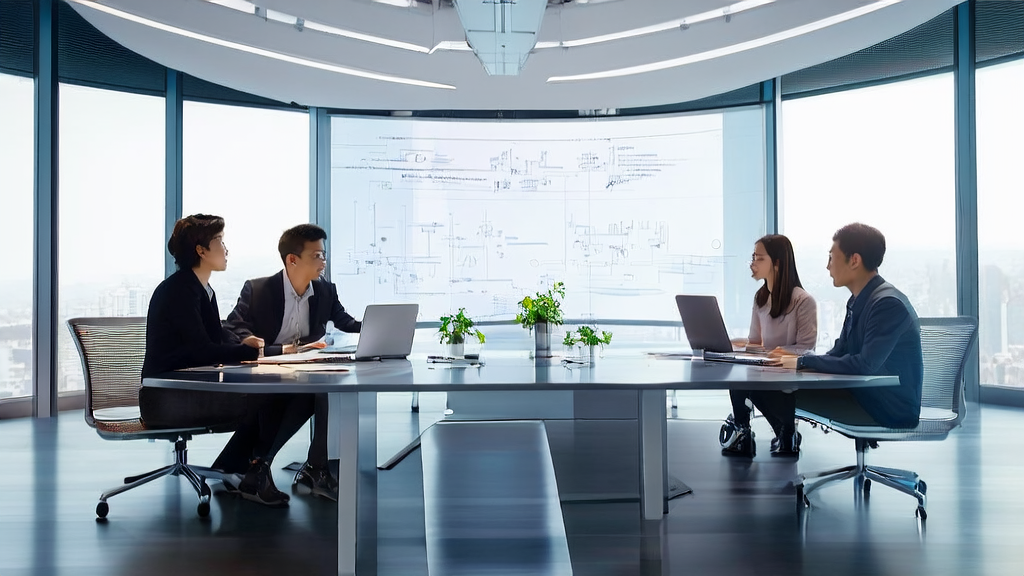 A team in a modern office is discussing AI-optimized email marketing strategies, with DeepSeek's new patent technology displayed on the screen.