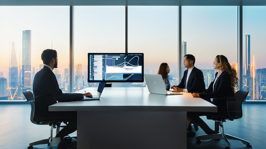 现代化办公室中商务人士使用AI邮件润色工具优化外贸邮件