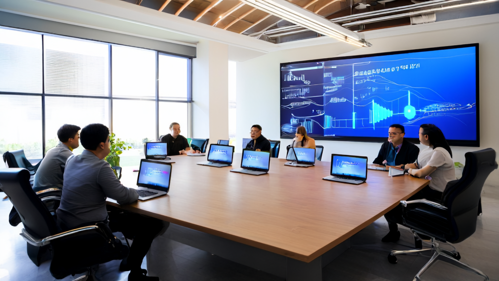 Employees in a modern office using AI email polishing tools and the MaskSearch framework to optimize foreign trade emails