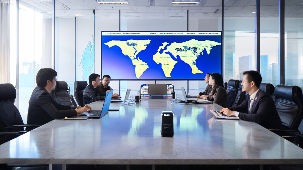 Business professionals in a modern office discussing AI email polishing tools, with laptops and documents on the table, a world map in the background, and a smart speaker symbolizing FlowSpeech technology.