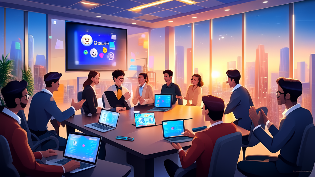 Professionals discussing AI marketing strategies in a modern office