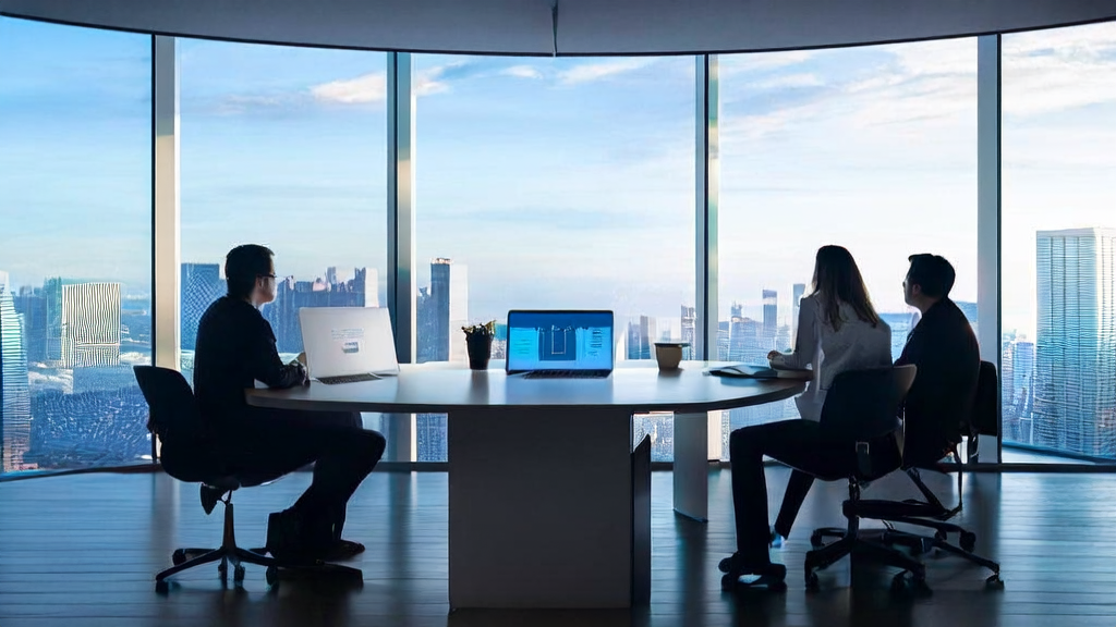 Employees in a modern office gather around a table discussing AI marketing strategies with WeKnora