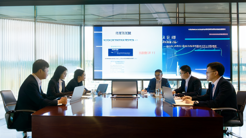 Business professionals in a modern office using JD's "JingDianDian AI Copywriting" tool for efficient marketing planning