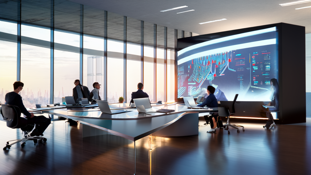A team in a modern office is discussing how to optimize email marketing strategies using AI technology, with sunlight streaming through large windows.