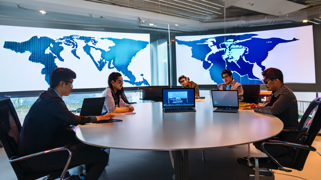 In a modern office, a marketing team is discussing the multimodal marketing applications of GPT-5. Sunlight streams through the windows, and a world map on the background wall symbolizes the company's global vision.