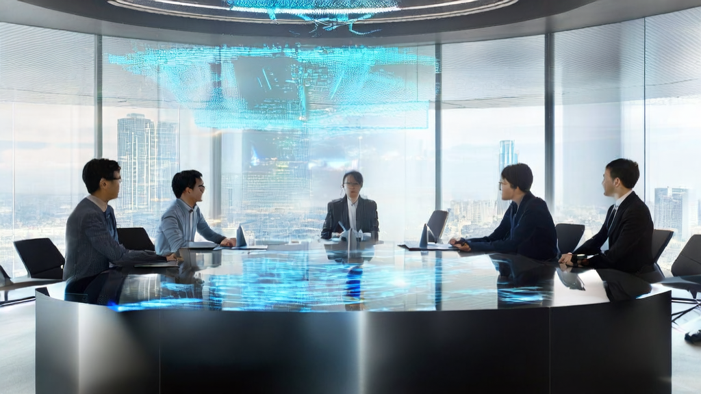 现代化办公室内员工使用钉钉8.0版进行会议讨论
