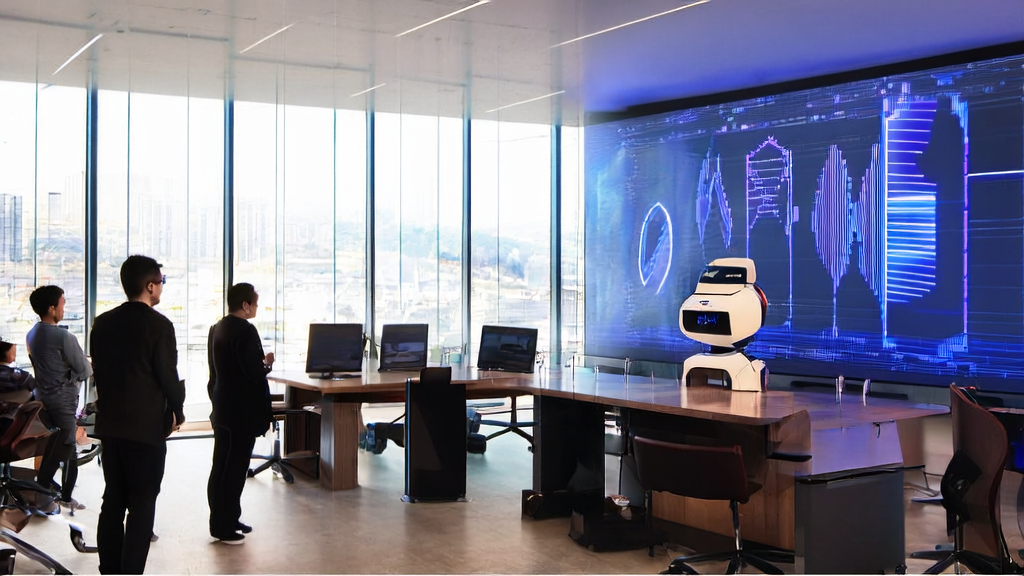 现代化办公室内员工通过大屏幕监测AI优化的广告投放数据,背景中有微软Microsoft365Copilot标志