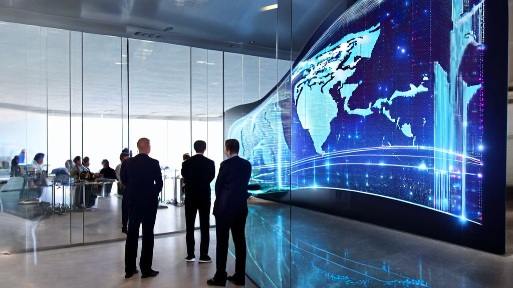 Modern office employees monitoring client data flow on large screens, showcasing the power of Amazon Bedrock platform