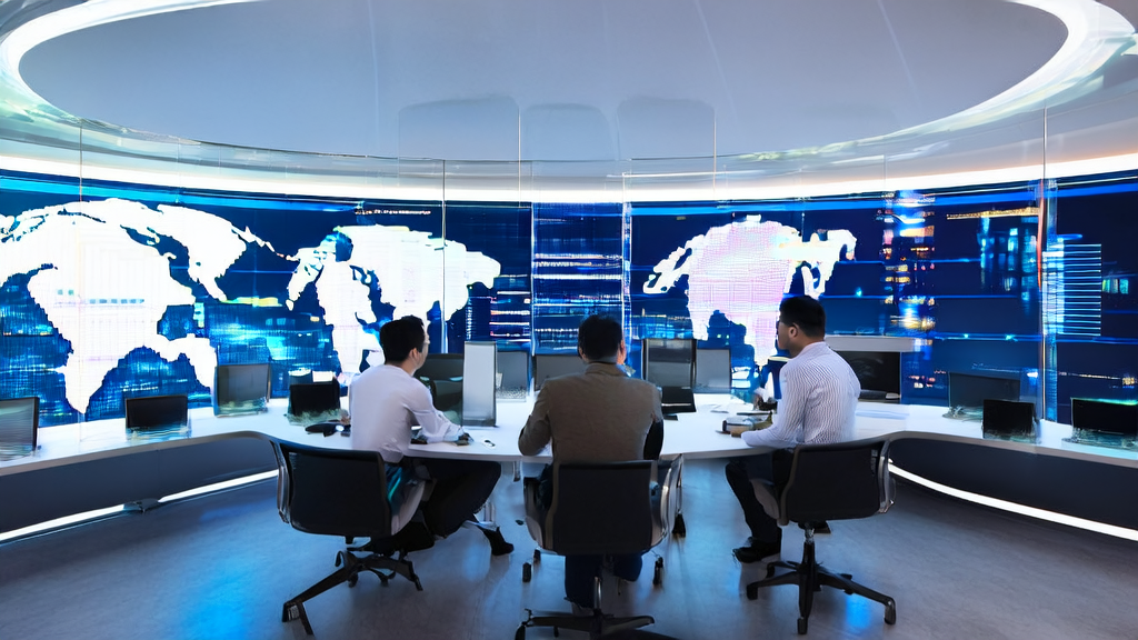 现代化办公室中员工通过大屏幕监控全球客户数据，展示GPT-5的强大功能