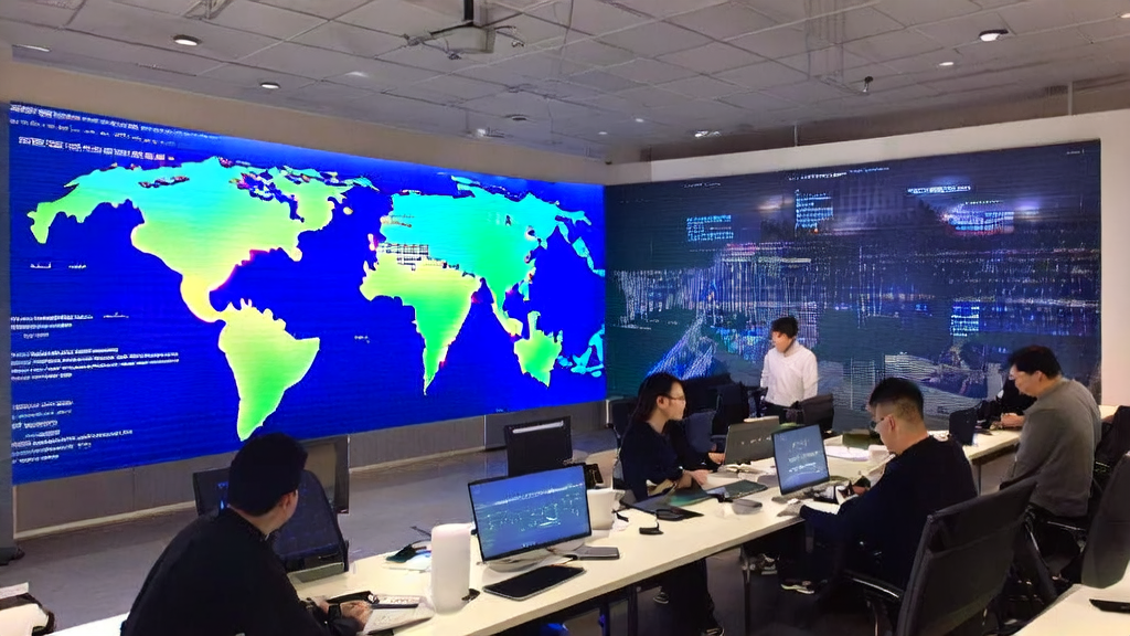 Employees in a modern office monitoring global market dynamics on large screens, showcasing the application of AI technology in export businesses