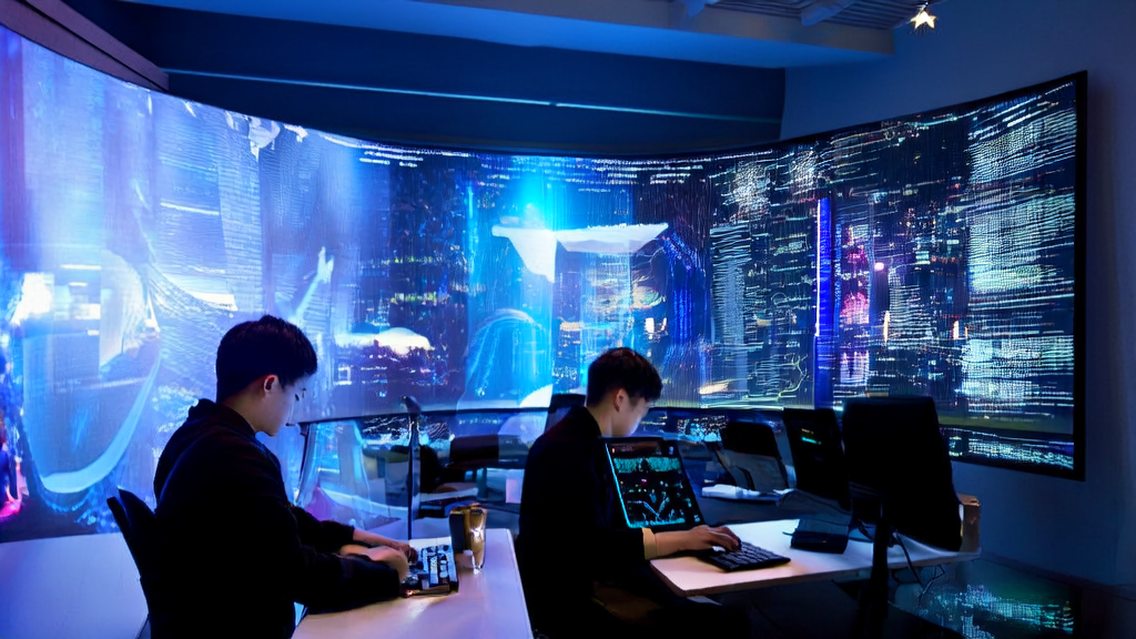 夜晚的城市景观中，现代化办公室内的程序员们正在使用Gemini2.5Pro进行AI数据清洗和开发工作。