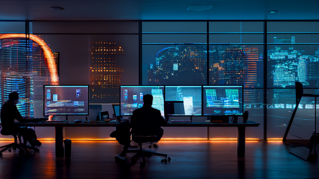 现代办公室夜晚场景，程序员正在使用AI技术优化广告投放