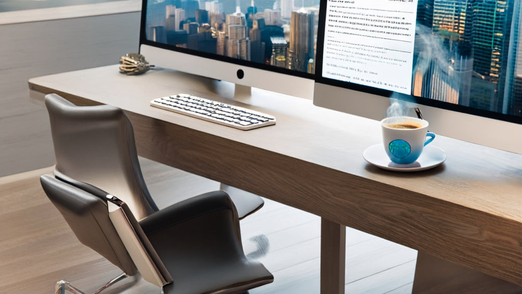 In a modern office on a sunny morning, a professional is focused on editing an email with a cup of hot coffee and a tidy desk.