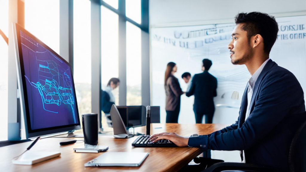 In a modern office, a young professional is using an AI email polishing tool to edit emails, with sunlight streaming through the windows, showcasing an efficient work environment.