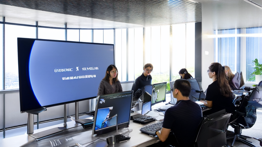 Professionals in a modern office are using AI email polishing tools to optimize business emails under the sunlight