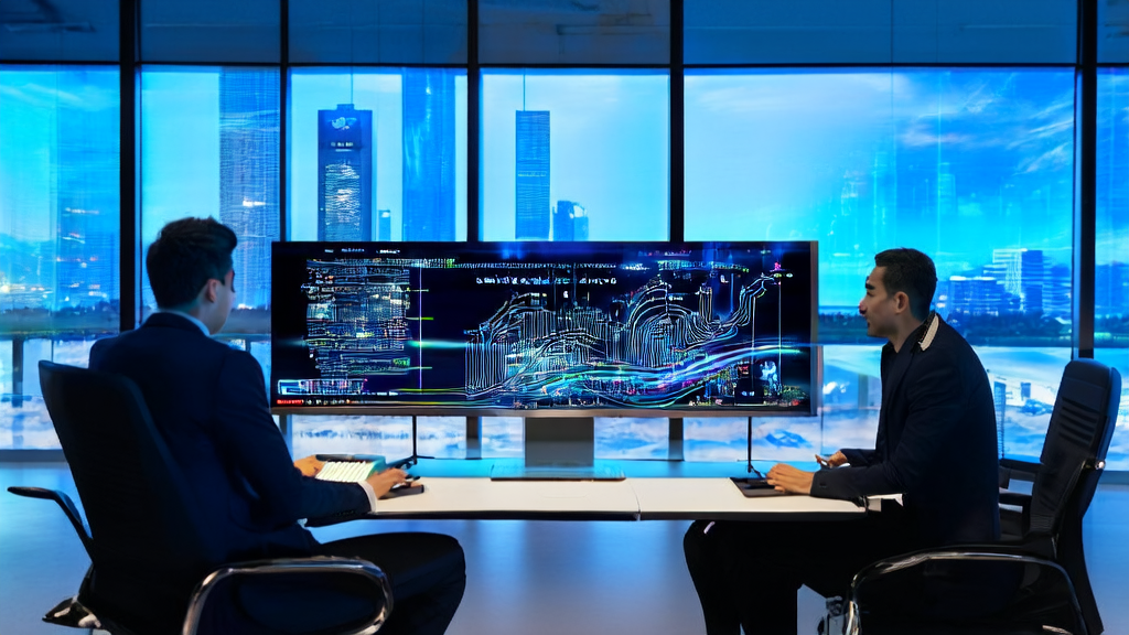 Programmers in a modern office are debugging the AgentScope 1.0 framework by Tongyi Lab, with a bustling cityscape in the background