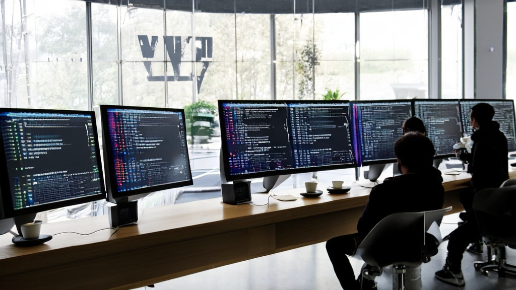 现代化办公室中程序员们正在使用AI技术进行开发工作