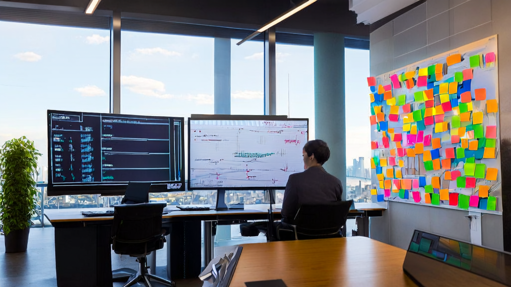 In a modern office, a business person is analyzing customer data using Quora and NVIDIA Audio-SDS technology