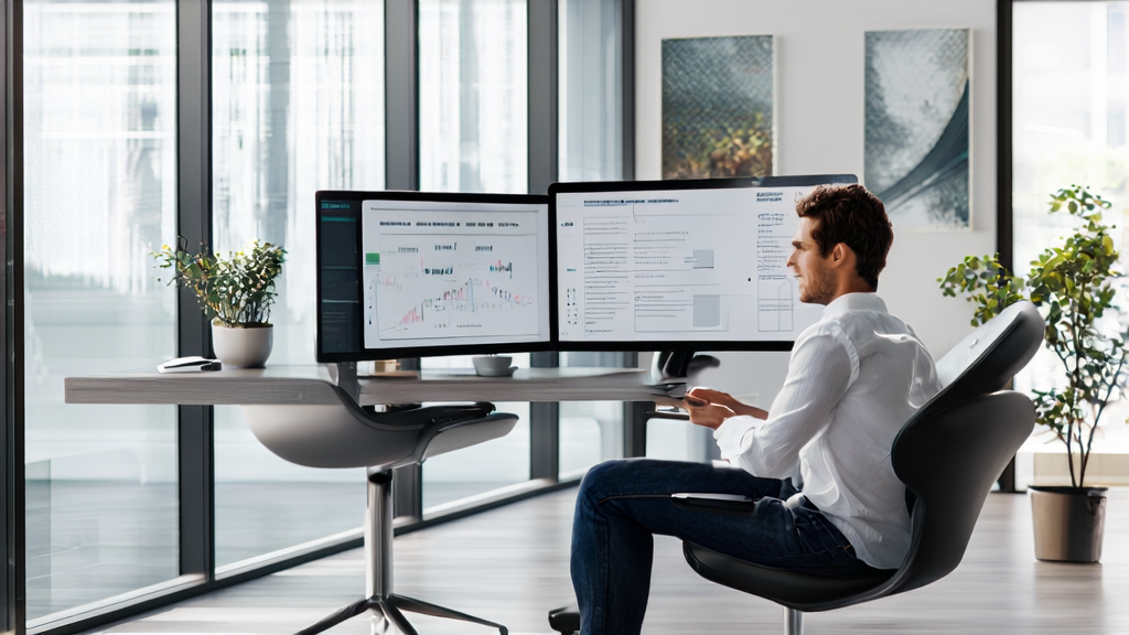 An entrepreneur in a modern office using Qwen Chat to analyze customer behavior and optimize email marketing strategies