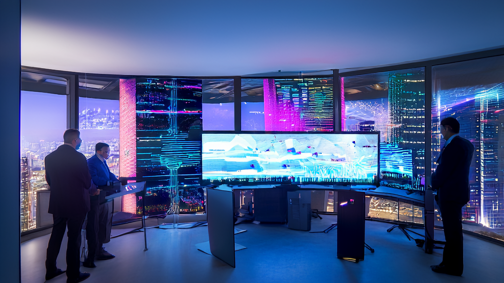 Researchers discussing the Fast-dLLM framework in a modern office with city night view background