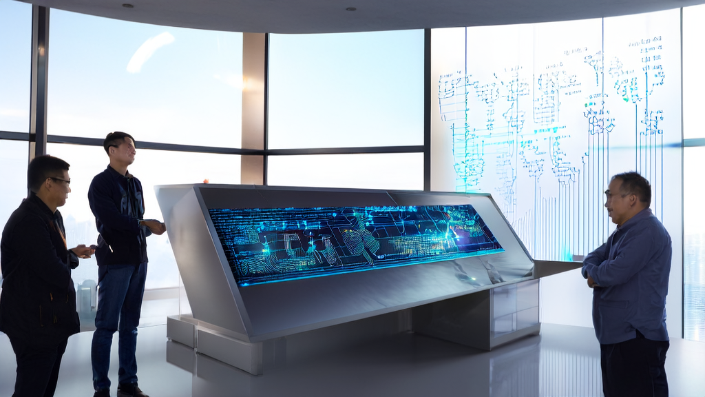 Scene in a modern office showcasing Sakana AI's Continuous Thought Machine processing customer data