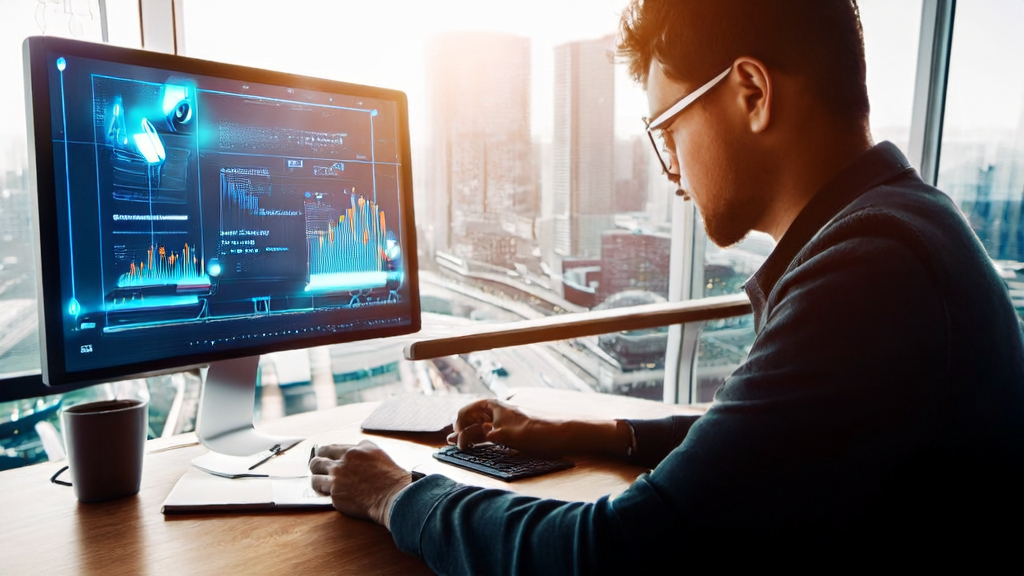 一位创业者在现代化办公室中使用Salesforce Agentforce 360平台，通过AI技术优化客户获取流程。
