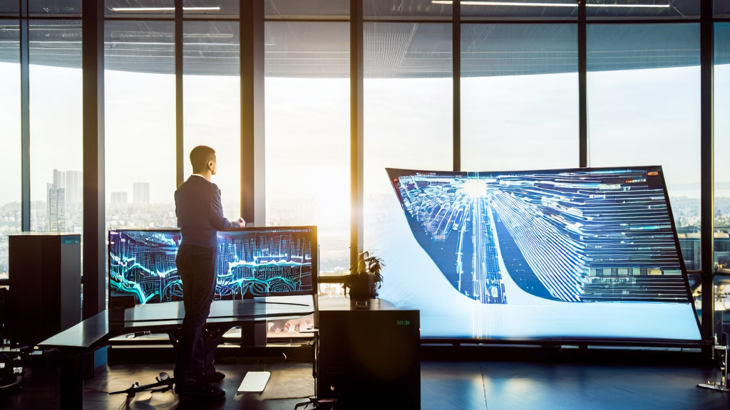 现代化办公室内阳光照射下的AI营销场景，展示精准获客与数据优化