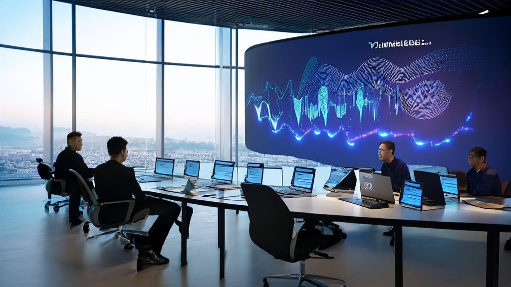 现代化办公室内，团队成员围绕AI预测模型进行讨论，展示DeepSeek V3.1版本的应用场景。