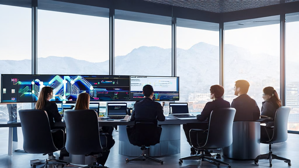 Team in a modern office discussing AI-based customer data cleaning services
