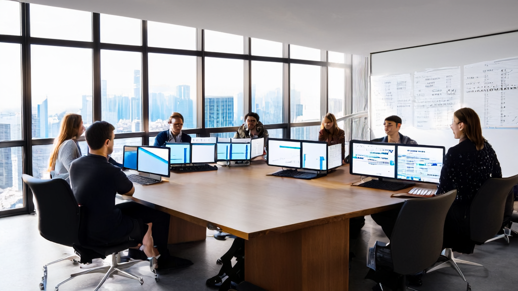 A modern office where a team is enthusiastically discussing AI-based customer acquisition strategies