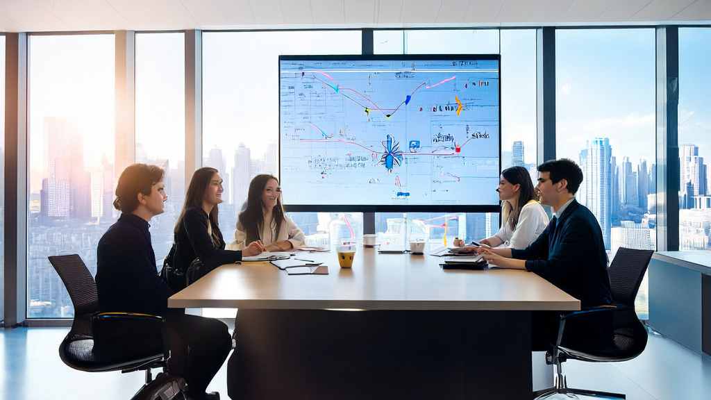 A modern office where a team is discussing AI email marketing strategies, with a background showing a diagram of ChatGPT connecting to external services