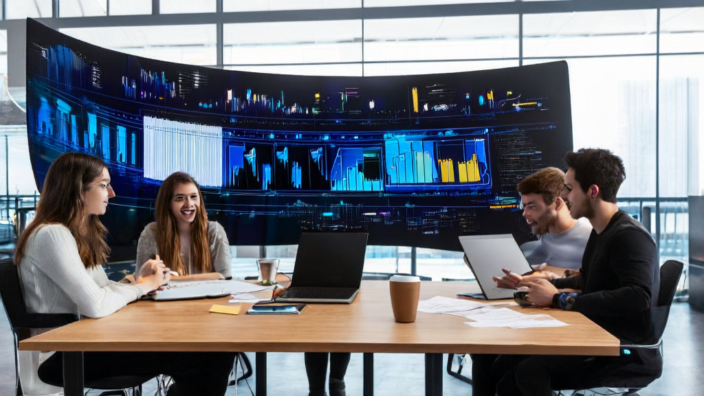 In a modern office, a team gathers around a smart screen to discuss AI email marketing strategies, with a bustling cityscape outside the large windows, laptops and coffee cups on the table, and a whiteboard filled with ideas in the corner.