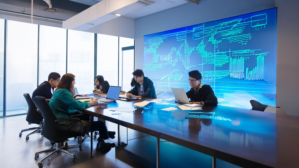 一群年轻团队成员在现代化办公室中讨论AI邮件营销策略，墙上的图表展示了从客户获取到邮件回复率提升的流程，角落的智能显示屏展示着来自Imagen4和Gemini API的数据和图像。