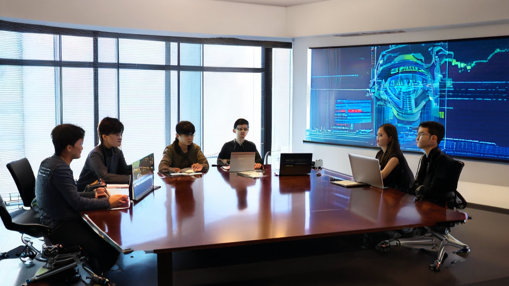Team discussing AI email marketing strategies in a modern office, using Kunlun's Skywork-Reward-V2 model
